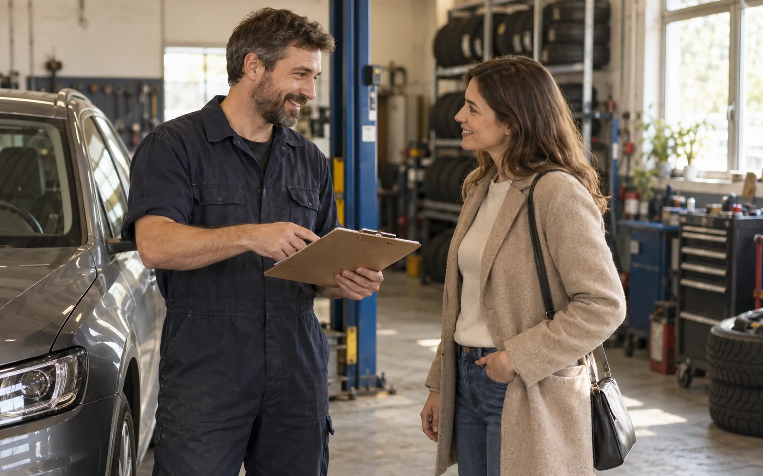 Mechanik omawia termin serwisu z właścicielem auta.