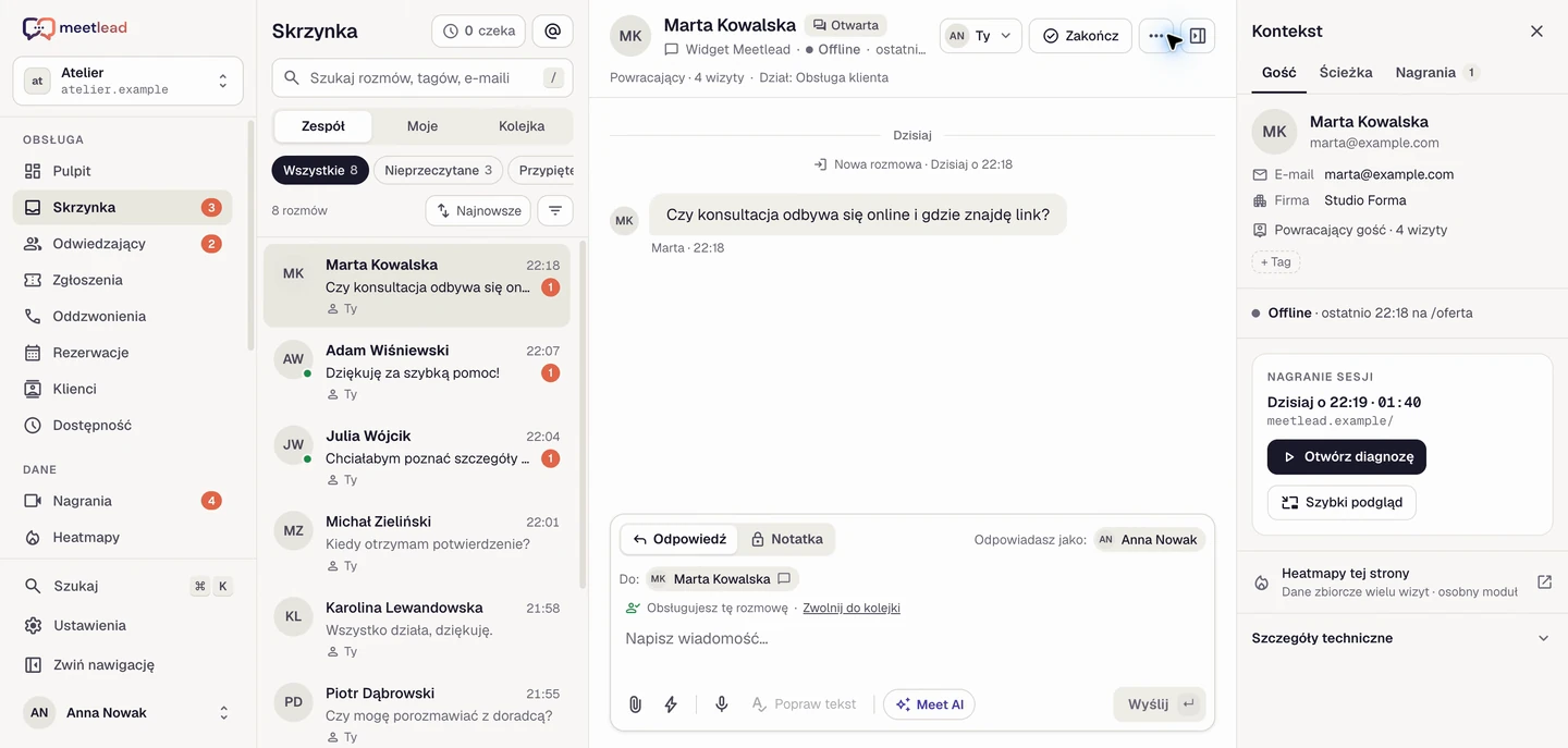 Skrzynka Meetlead z rozmową i kontekstem klienta