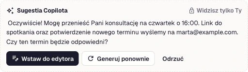 Rzeczywista prywatna sugestia Copilota w panelu Meetlead