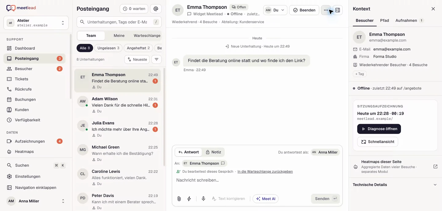Der Meetlead-Posteingang mit Gespräch und Kundenkontext