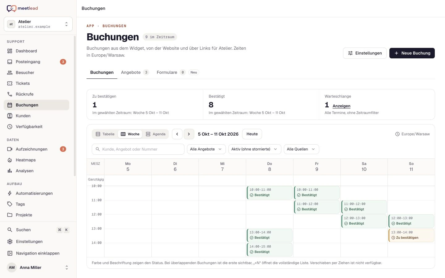 Die aktuelle Buchungsübersicht mit Kalender und Status