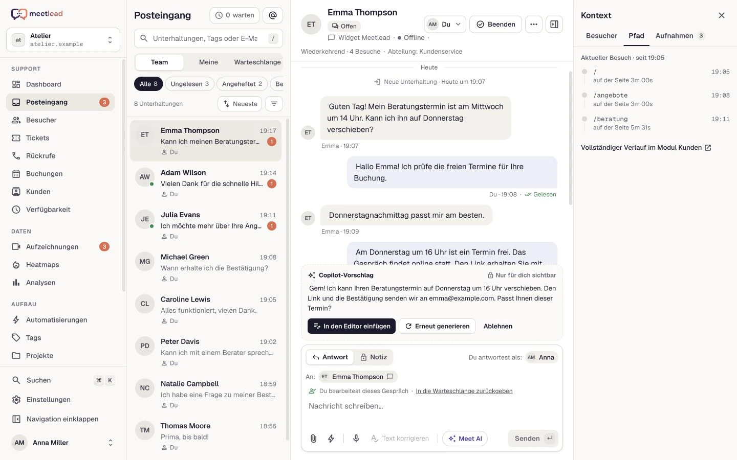 Der aktuelle Meetlead-Posteingang mit Gespräch, Copilot-Vorschlag und Customer Journey