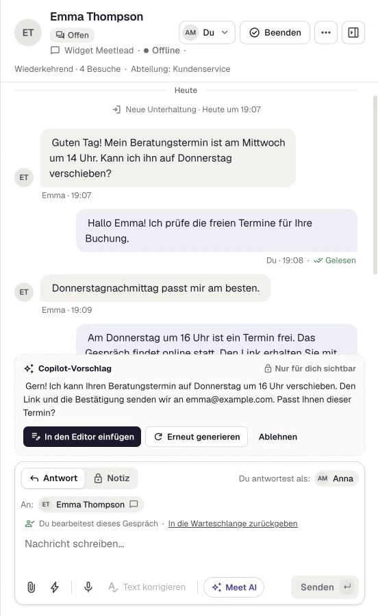 Das aktuelle Gespräch mit einem privaten KI-Vorschlag