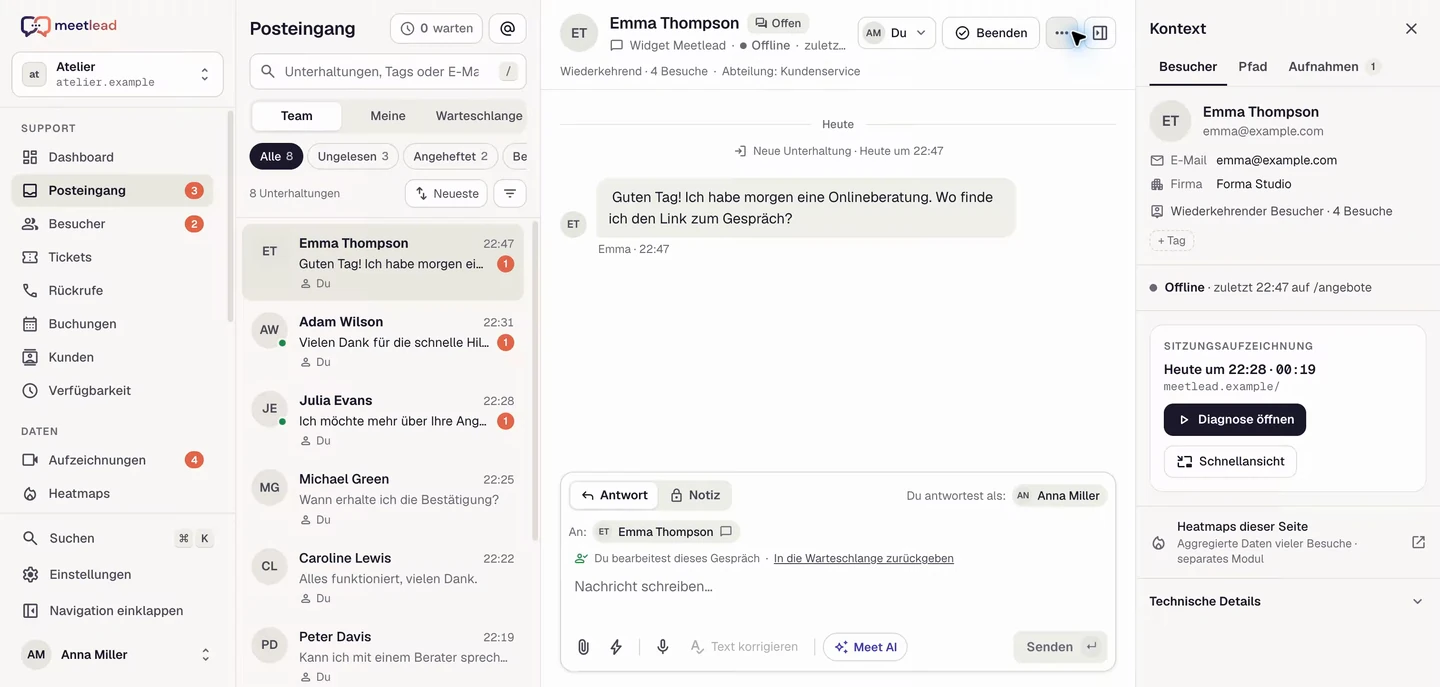 Der Meetlead-Posteingang mit dem Kundenkontext