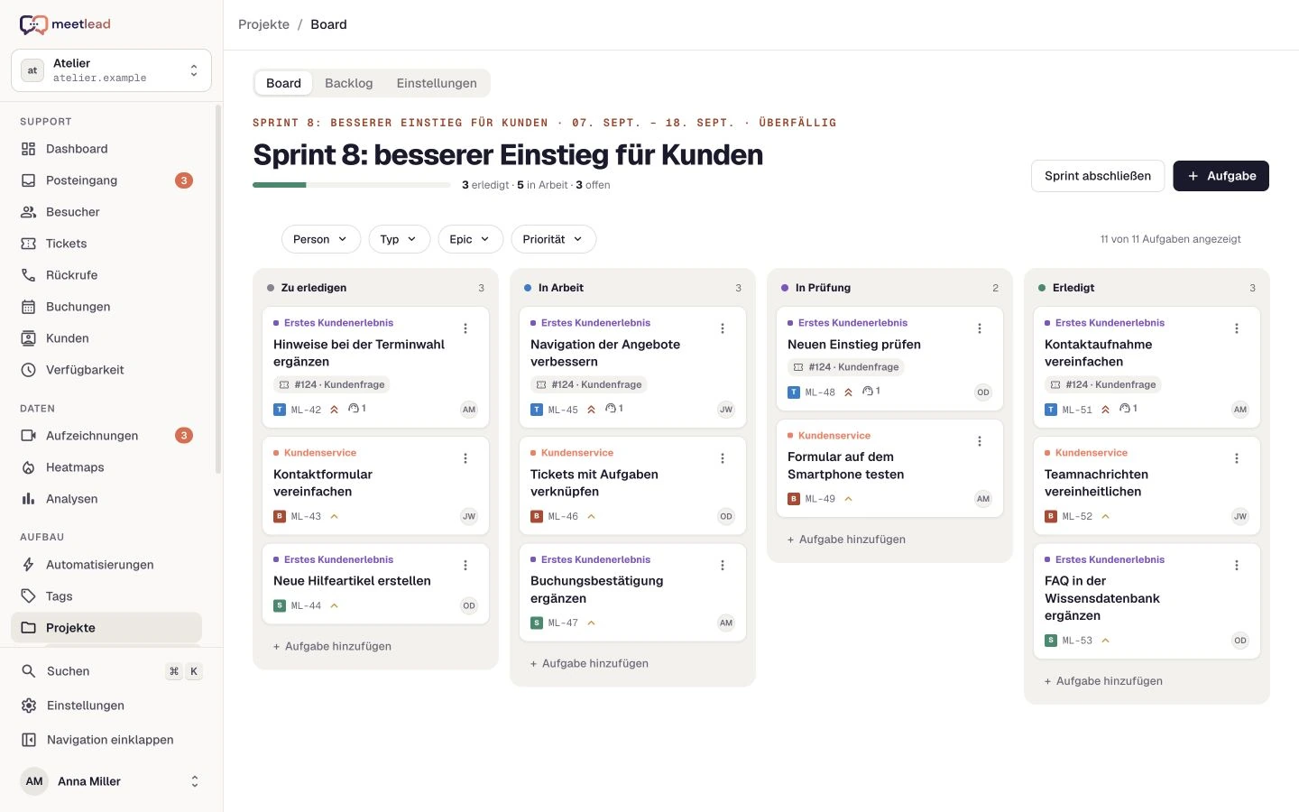 Aufgabenboard der Meetlead-Projekte.