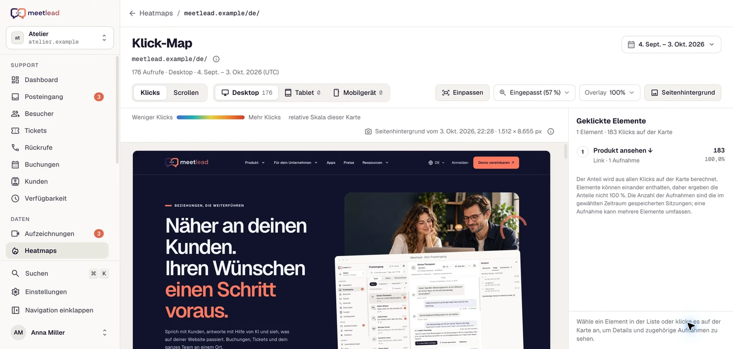 Die echten Aufzeichnungs- und Heatmap-Module in Meetlead