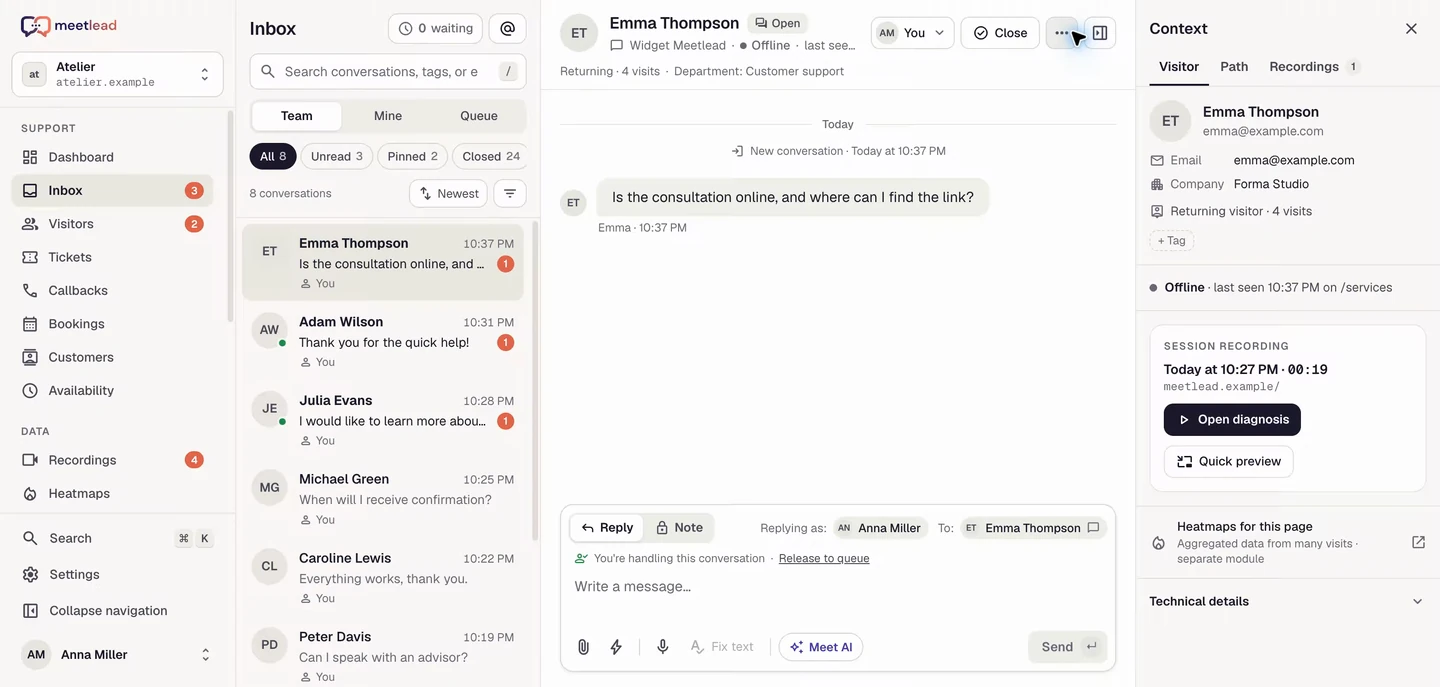 The Meetlead inbox with a conversation and customer context