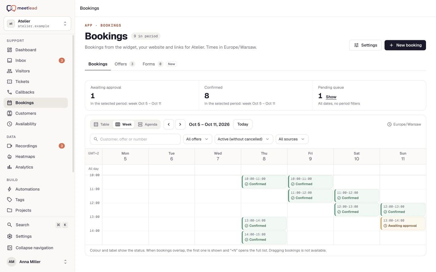 The current bookings dashboard with a calendar and reservation statuses