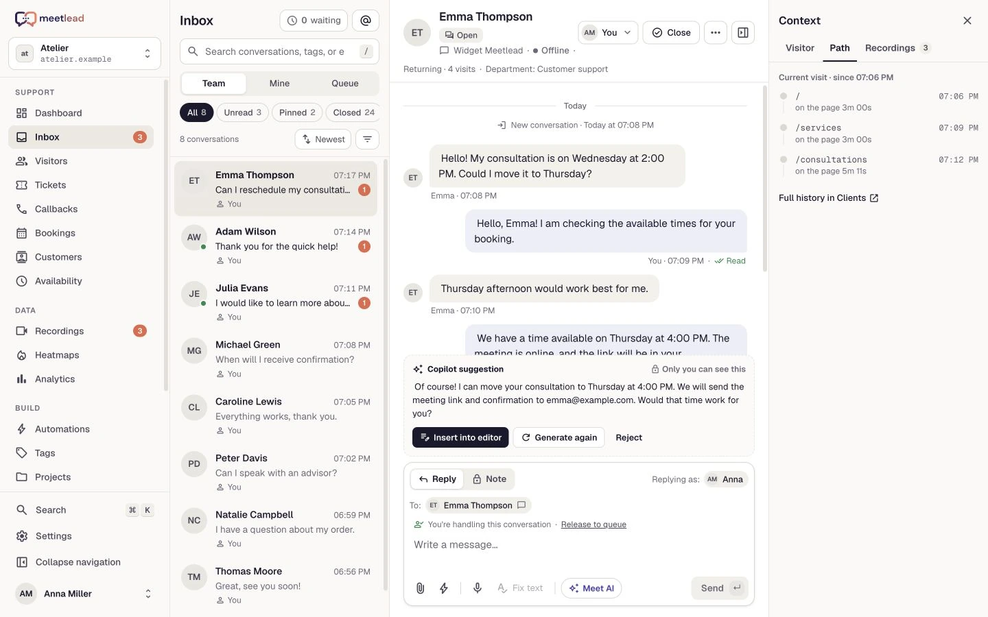 The current Meetlead inbox with a conversation, Copilot suggestion and customer journey