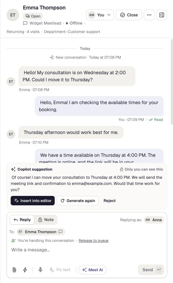 The current conversation with a private AI suggestion