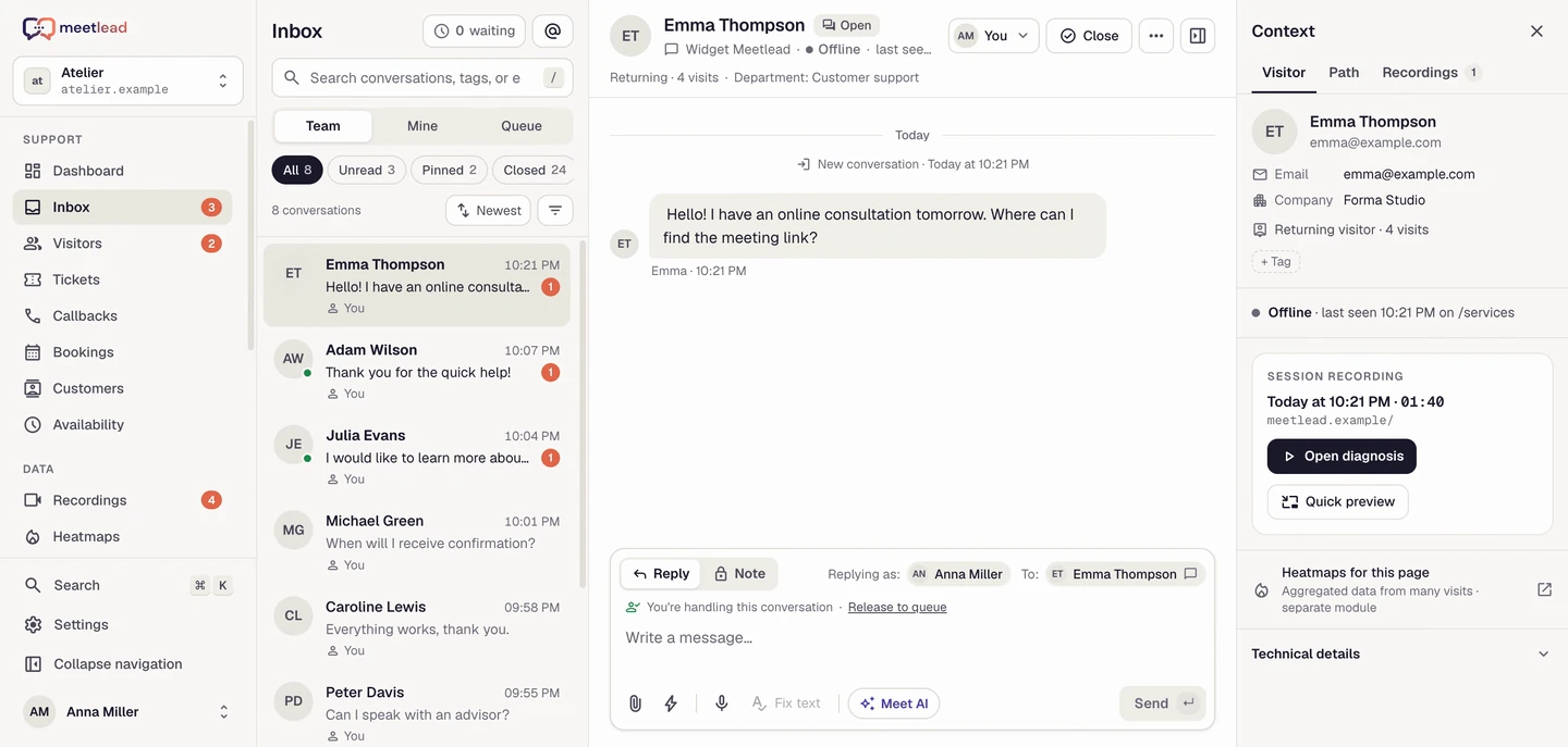 The Meetlead inbox with the customer context panel