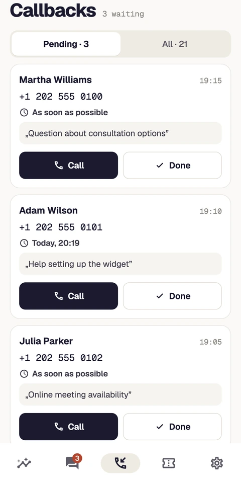 The native Meetlead app showing callback requests