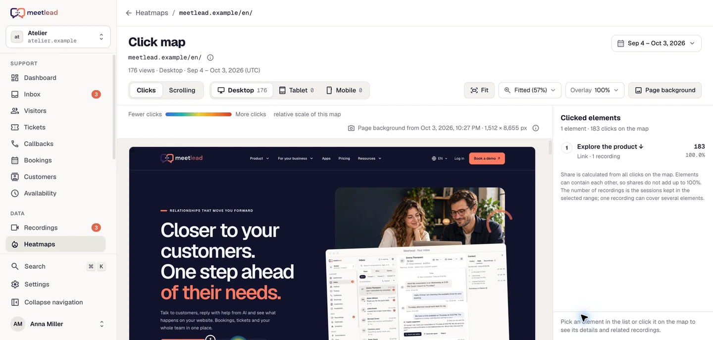 The actual recording and heatmap modules in Meetlead