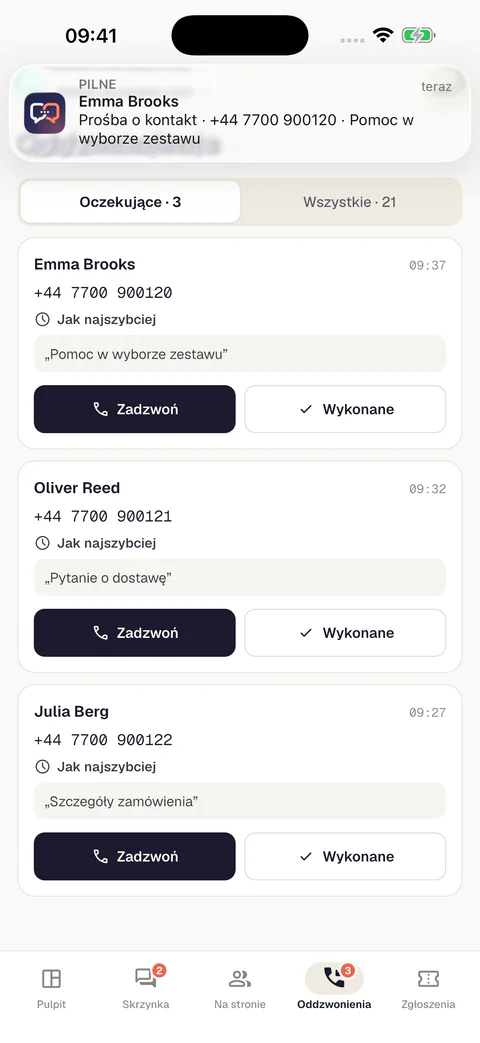 Natywna aplikacja Meetlead: prośby o oddzwonienie