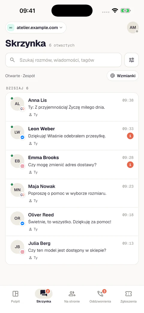 Natywna aplikacja Meetlead: skrzynka i rozmowy