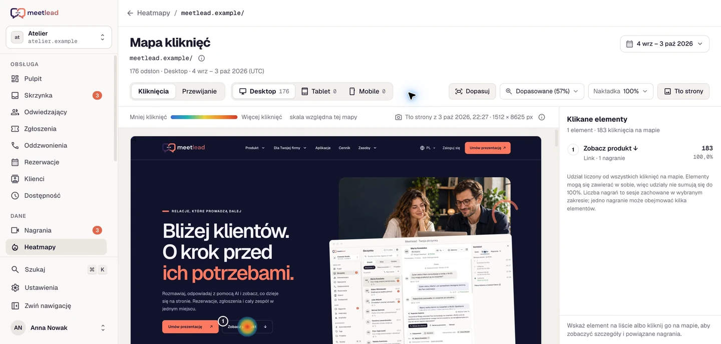 Rzeczywiste moduły nagrań i heatmap w Meetlead