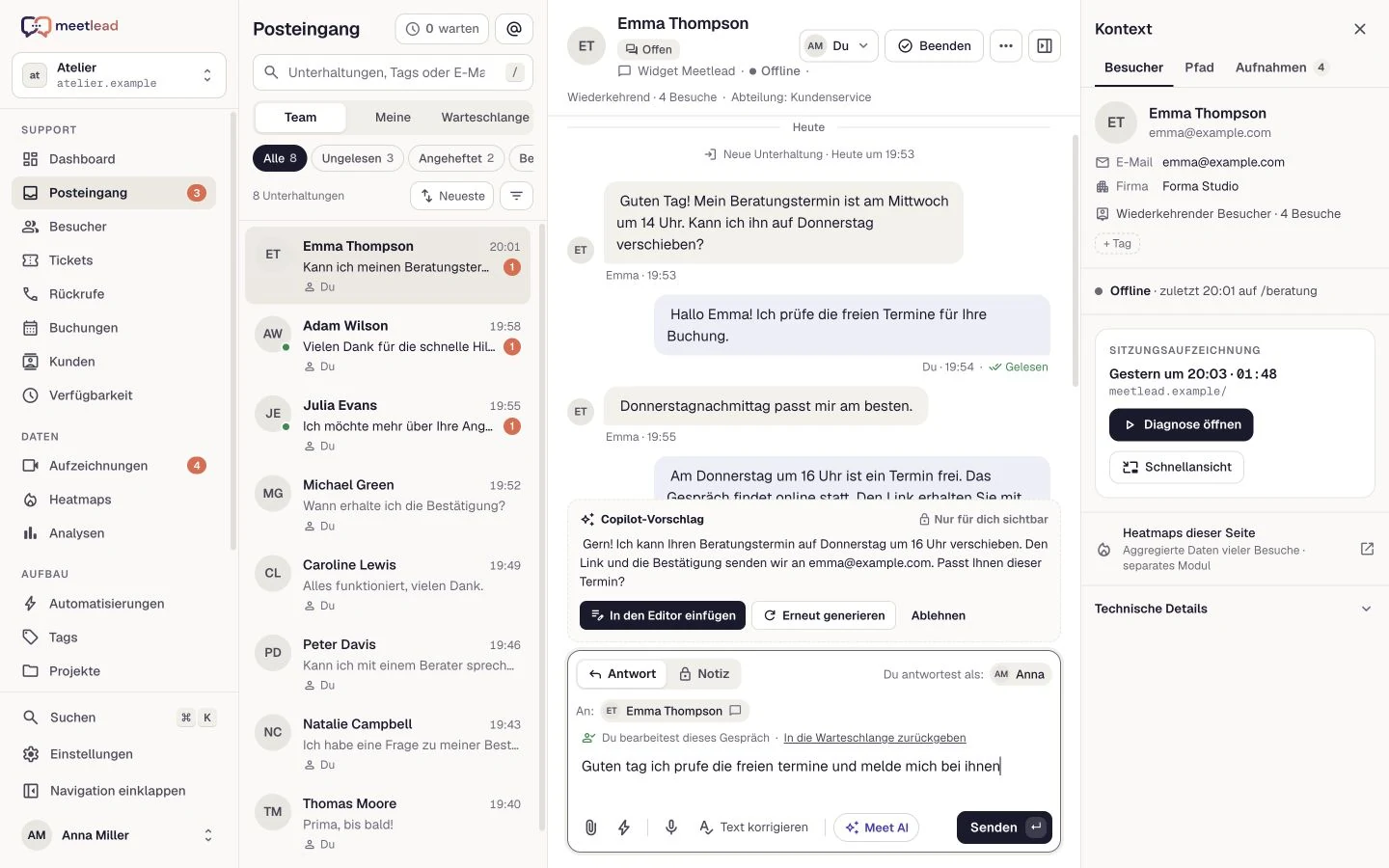 Copilot arbeitet im Posteingang; ein Administrator legt den Umfang fest.