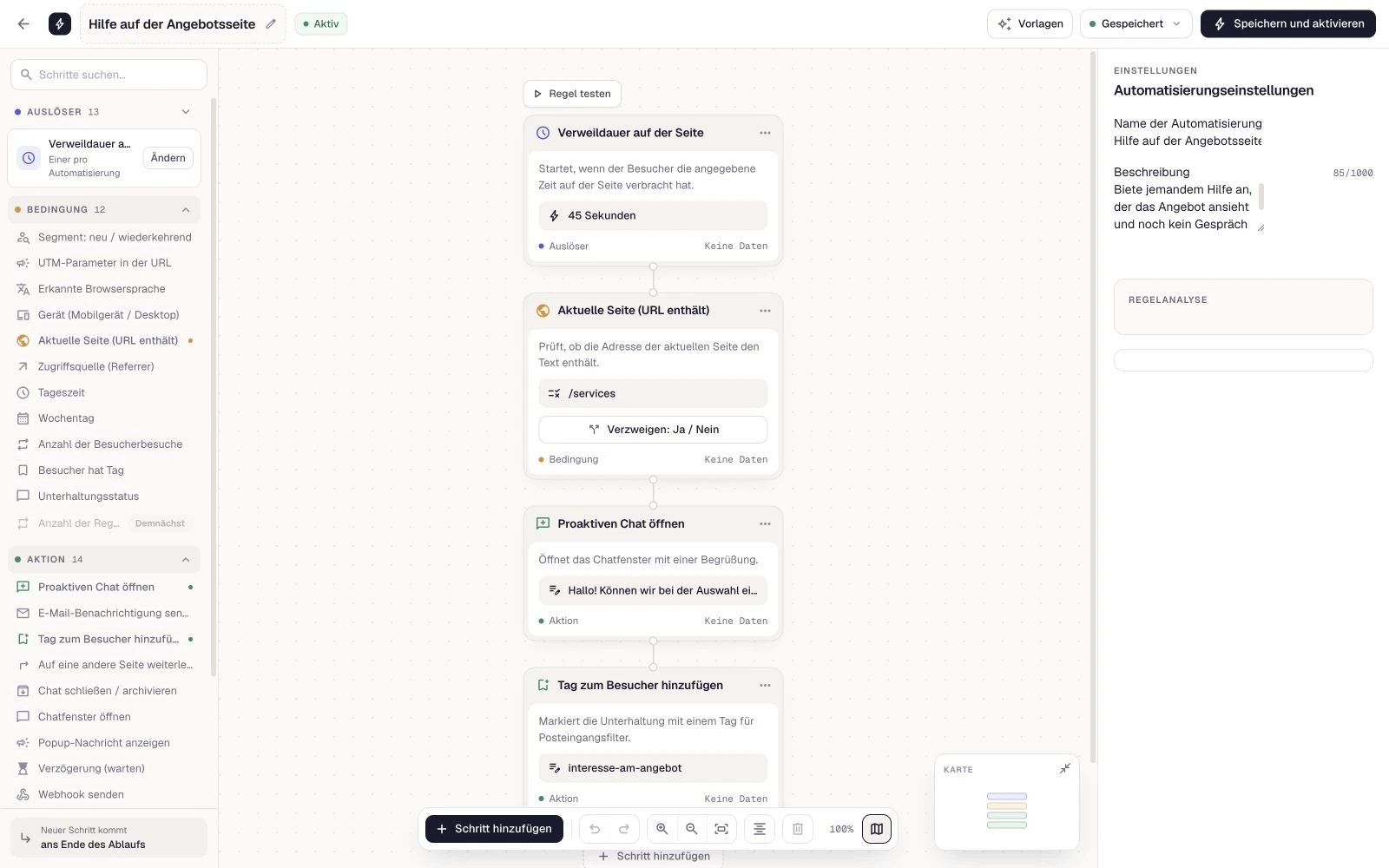 Automatisierungen: die echte Meetlead-Oberfläche mit Beispieldaten