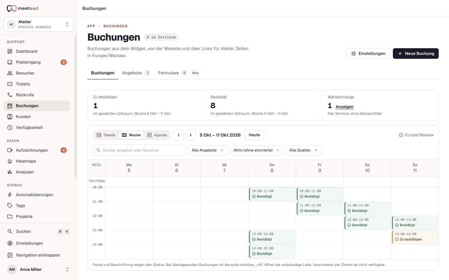 Termine und Buchungen im gemeinsamen Kalender. Beispieldaten.