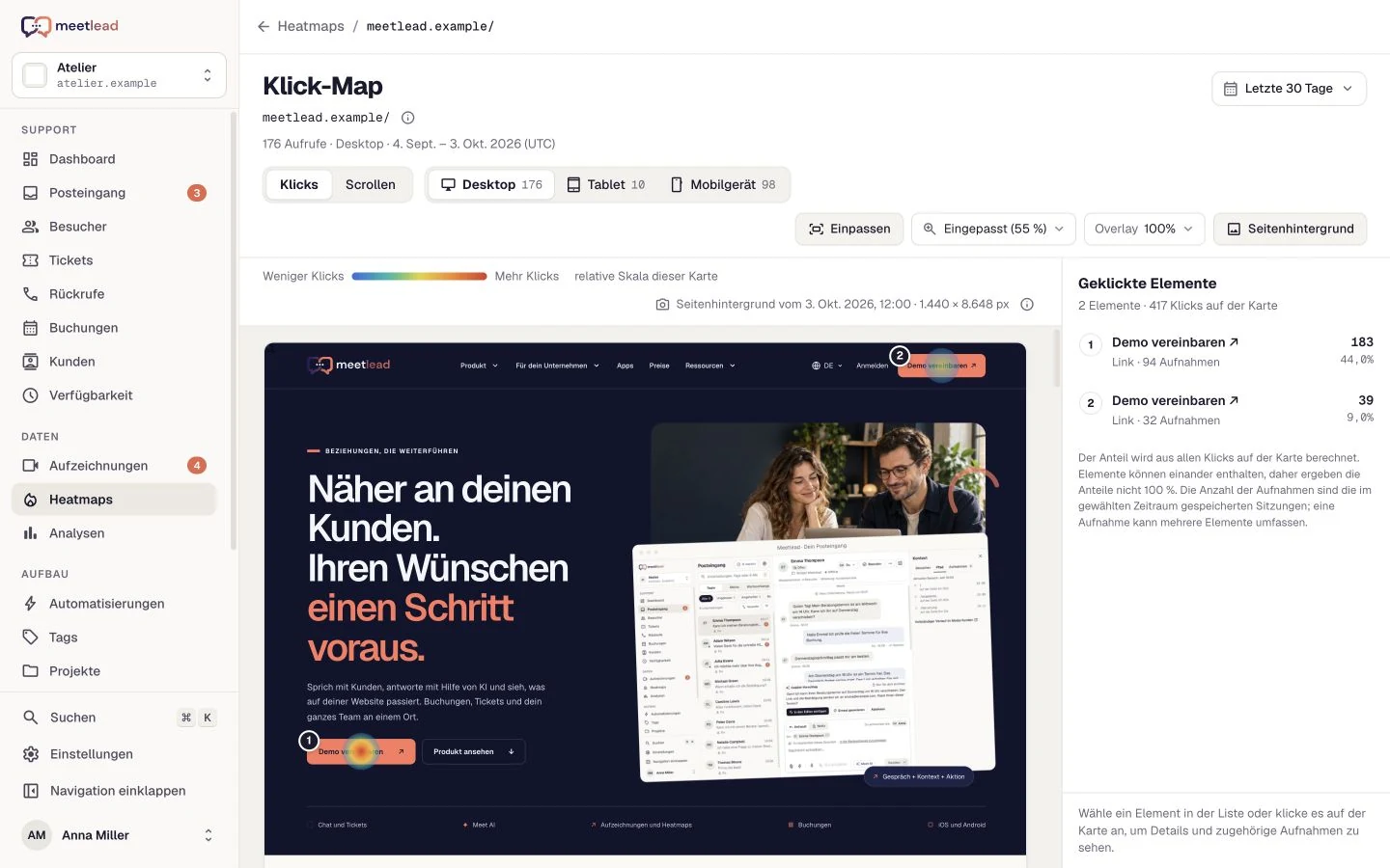Klickkarte mit Gerätetypen und Elementrangliste. Beispieldaten.