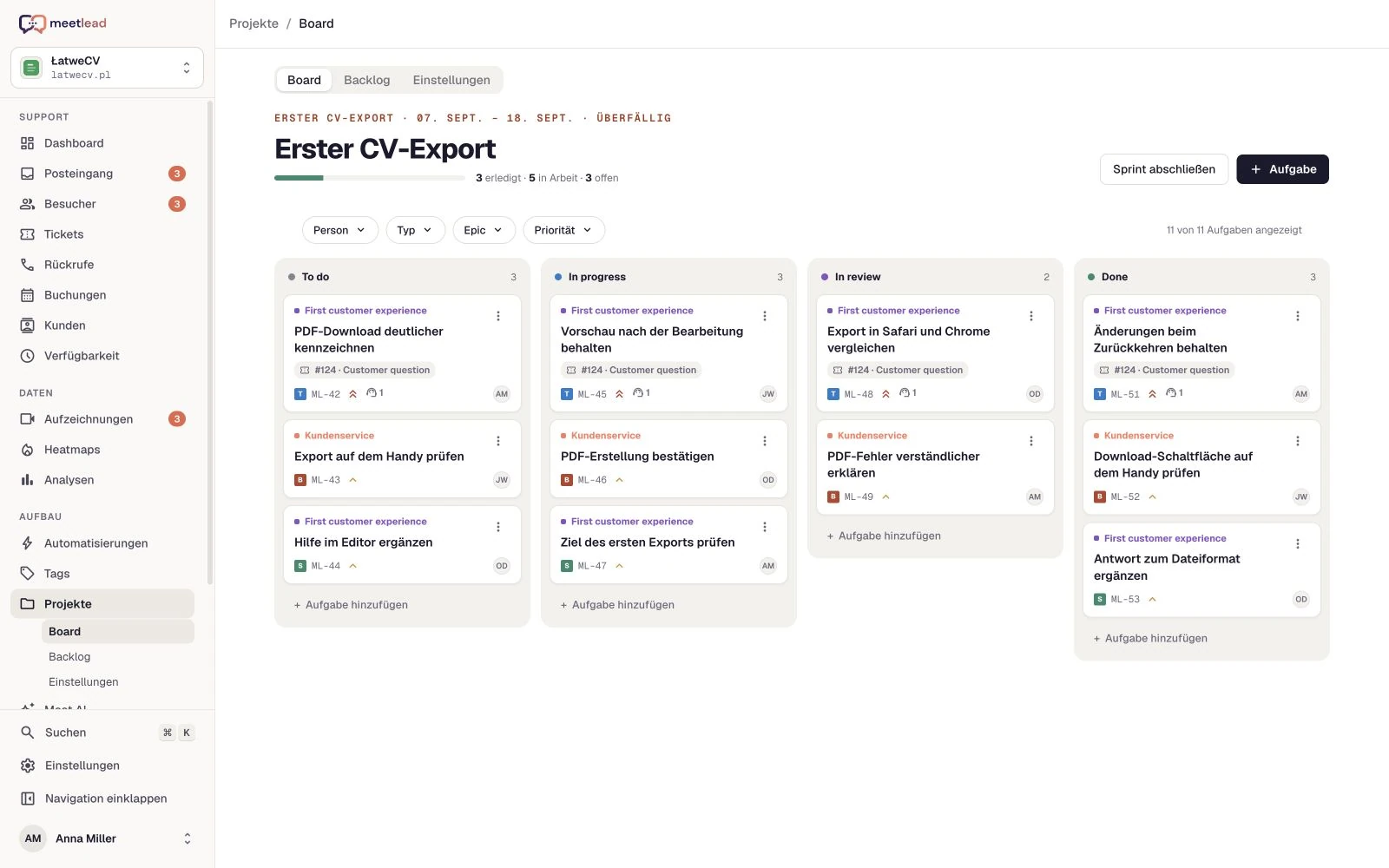 03 / Eine Aufgabe fürs Team — Meetlead-Ansicht mit Demonstrationsdaten