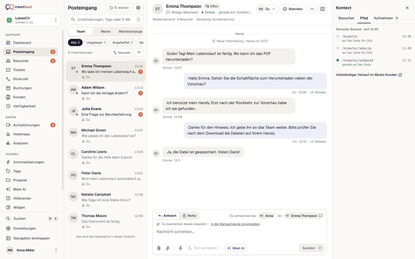 Anwendungsbeispiel · ŁatweCV — Meetlead-Ansicht mit Demonstrationsdaten