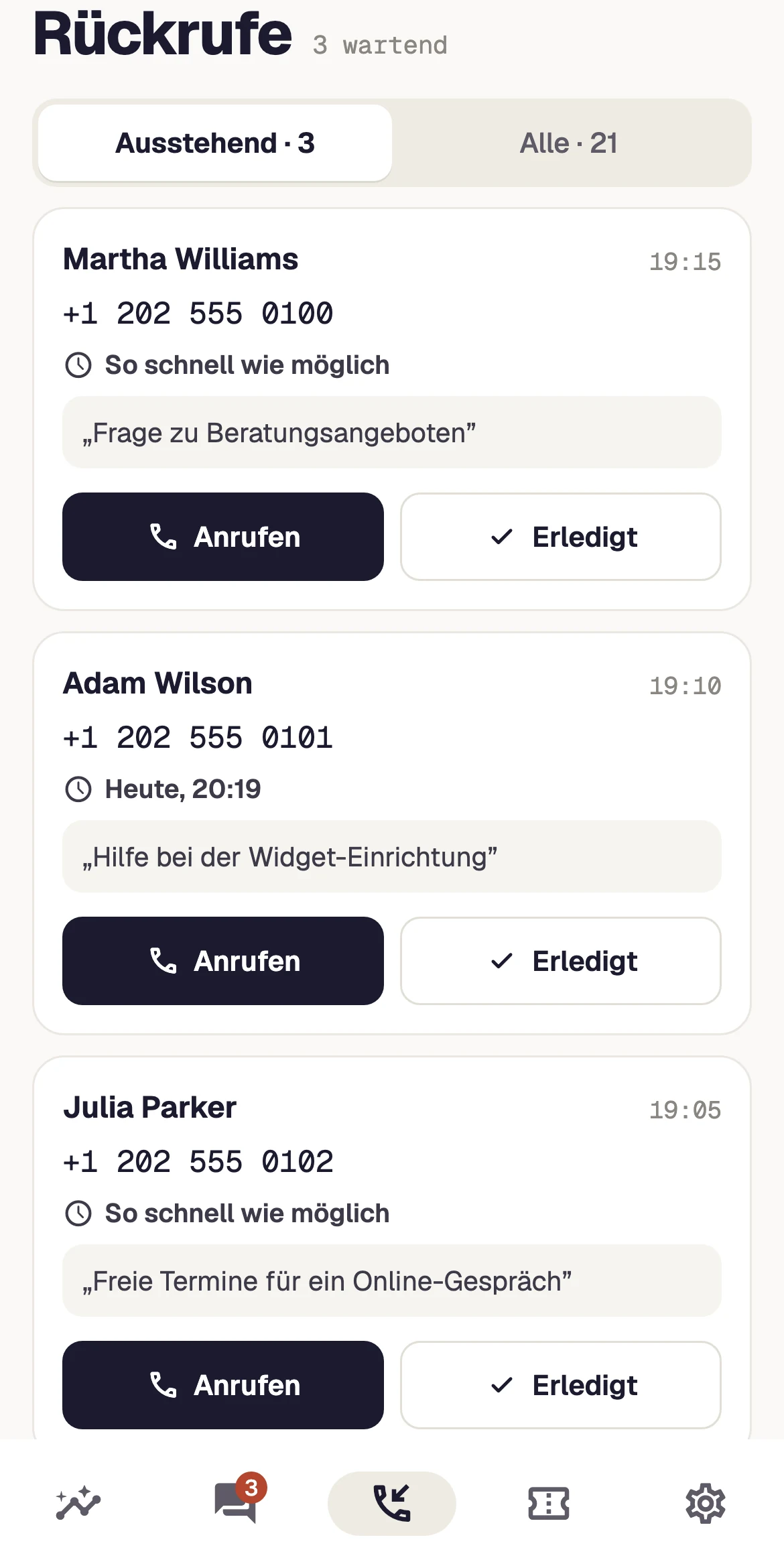 Rückrufe im Blick — Ansicht mit Demonstrationsdaten