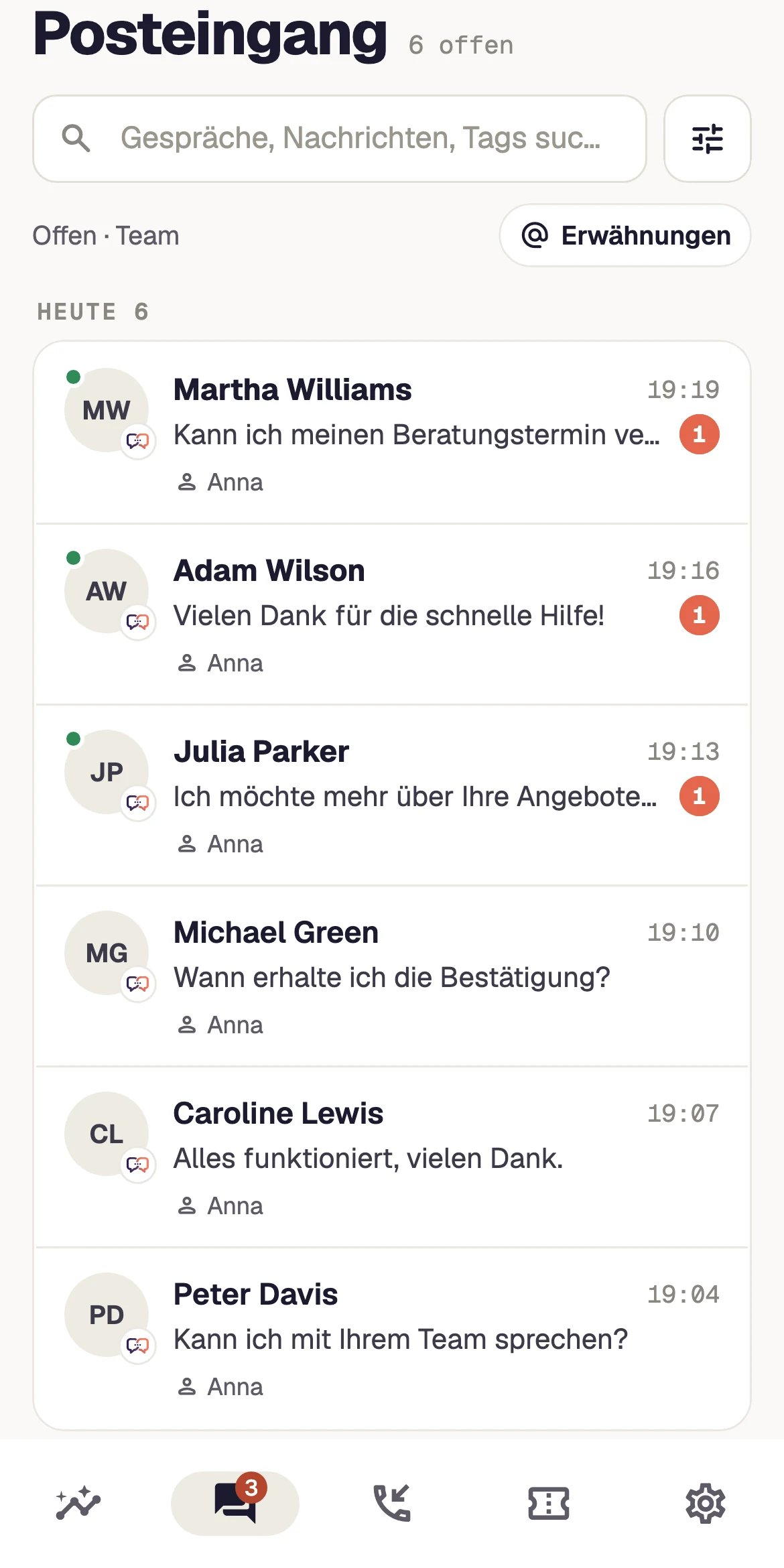Team-Posteingang — Ansicht mit Demonstrationsdaten