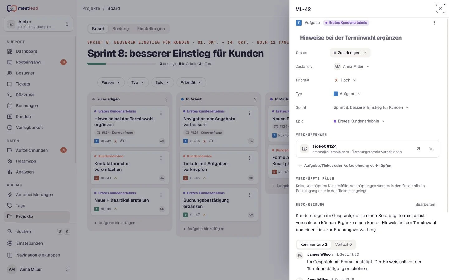 Aufgabendetails mit Beschreibung, Zuständigkeit und Kundenbezug.