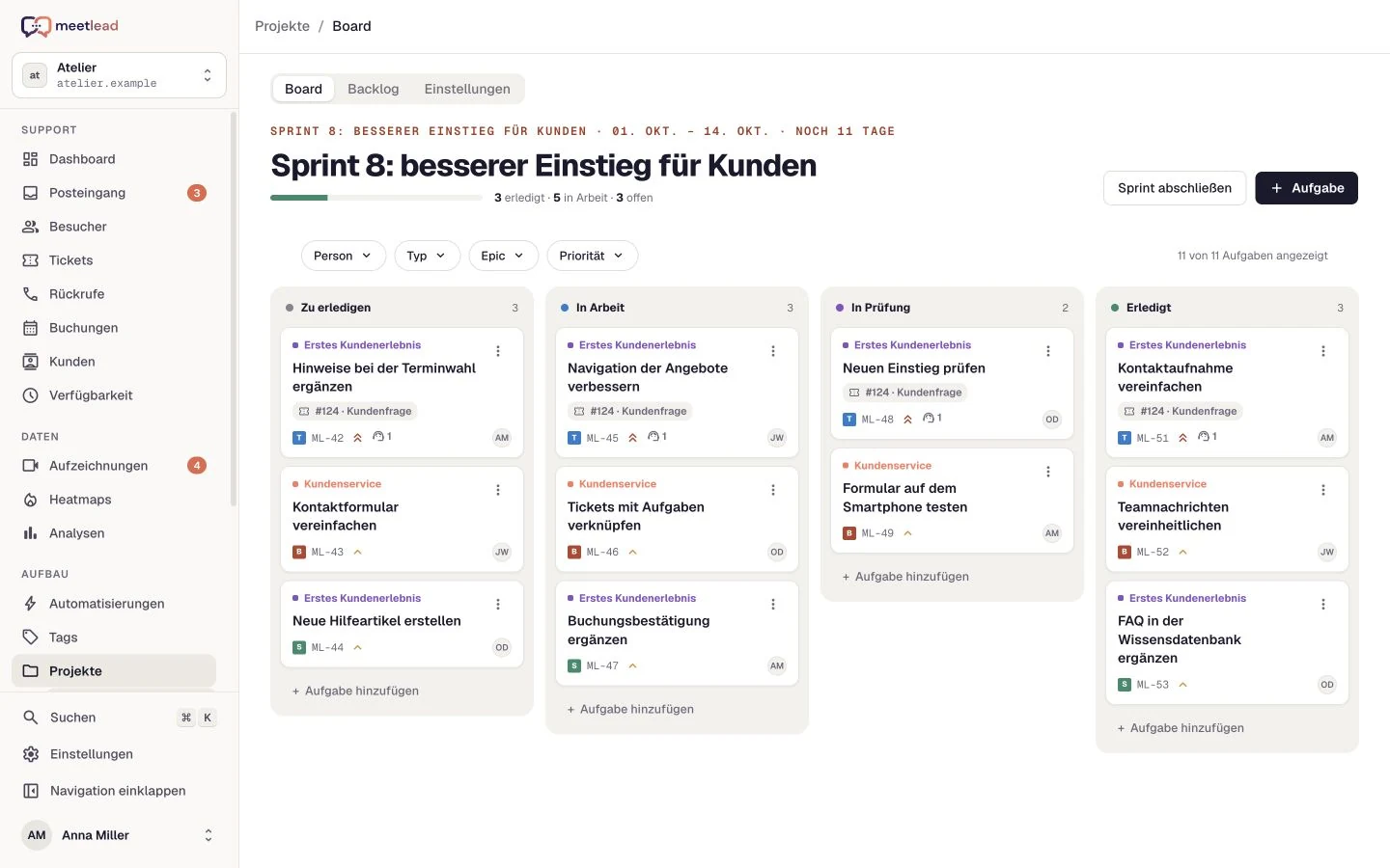 Von der Frage zur Verbesserung — Meetlead-Ansicht mit Demonstrationsdaten