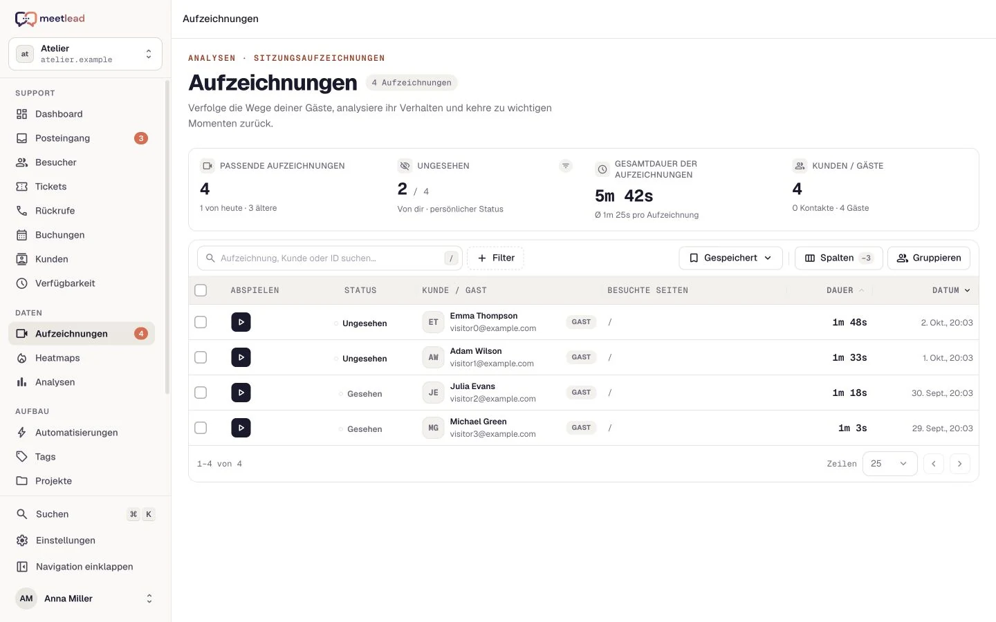 Die richtigen Sitzungen finden — Meetlead-Ansicht mit Demonstrationsdaten