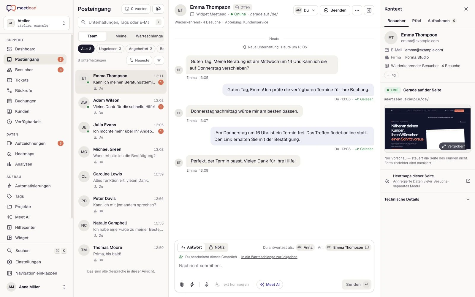 Meetlead-Posteingang mit einem Gespräch zur Produktnutzung