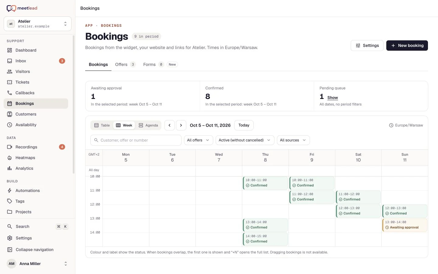 Availability that fits your business — Meetlead view with demonstration data