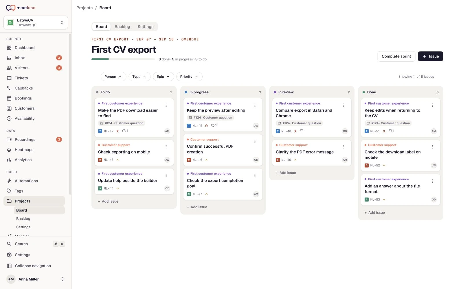 03 / A task for the team — Meetlead view with demonstration data