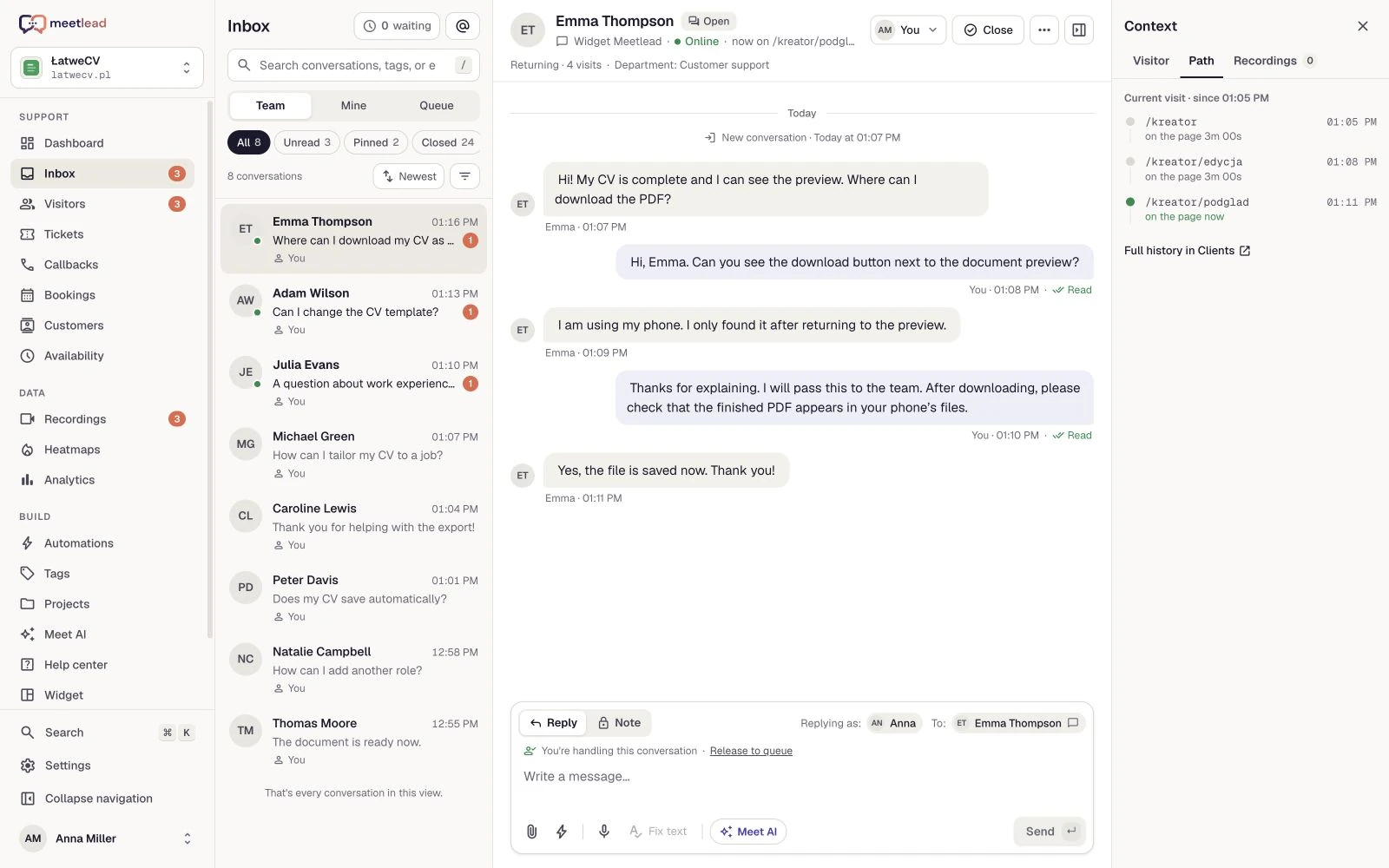 Use case · ŁatweCV — Meetlead view with demonstration data