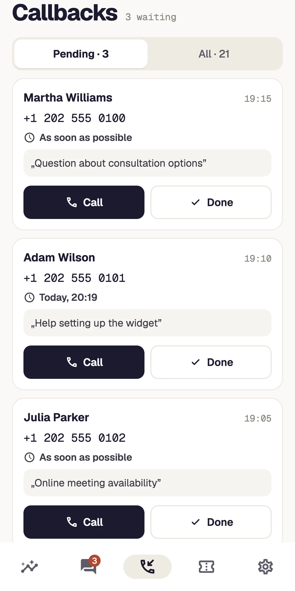 Callbacks in view — view with demonstration data
