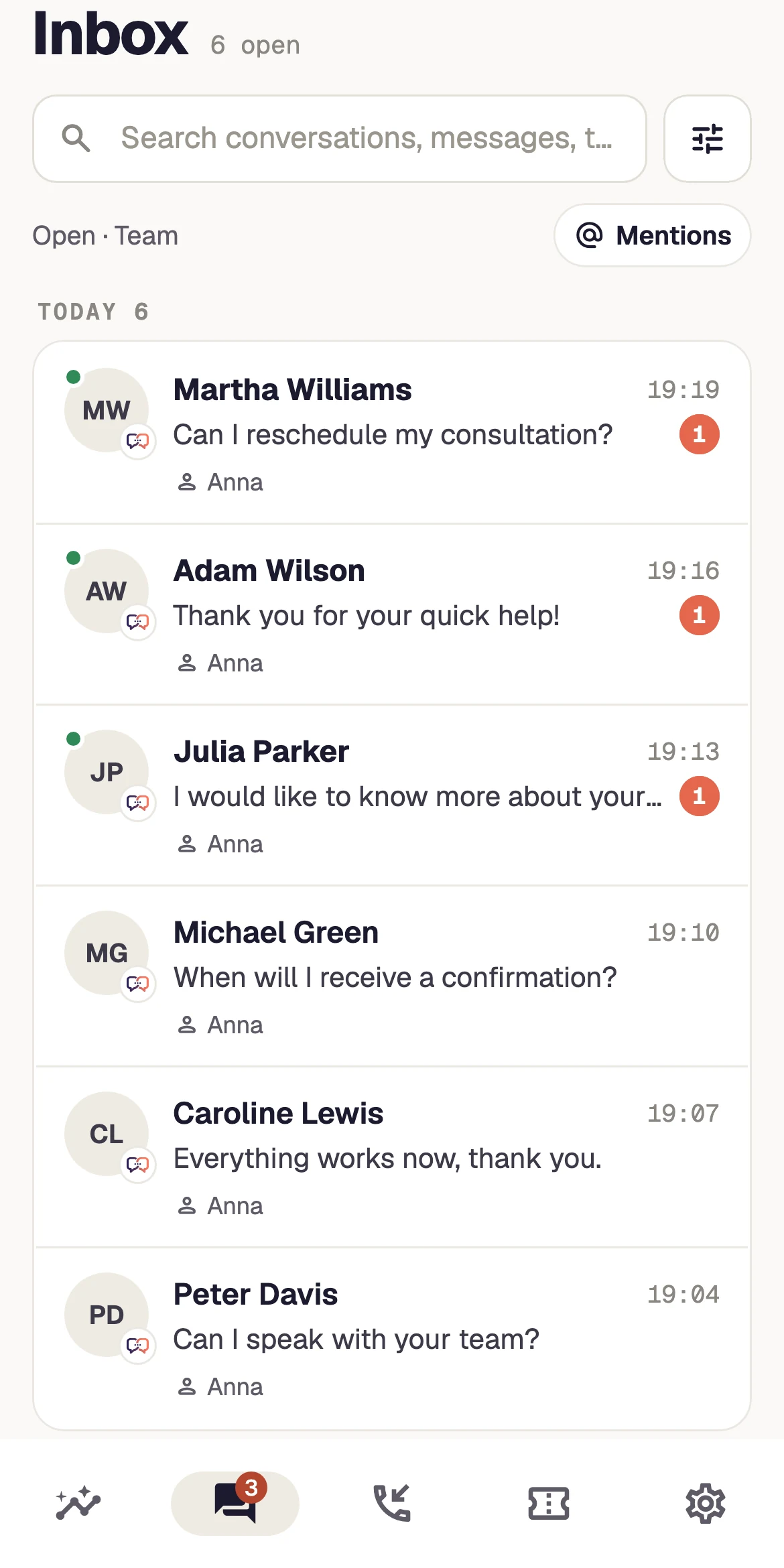 Team inbox — view with demonstration data