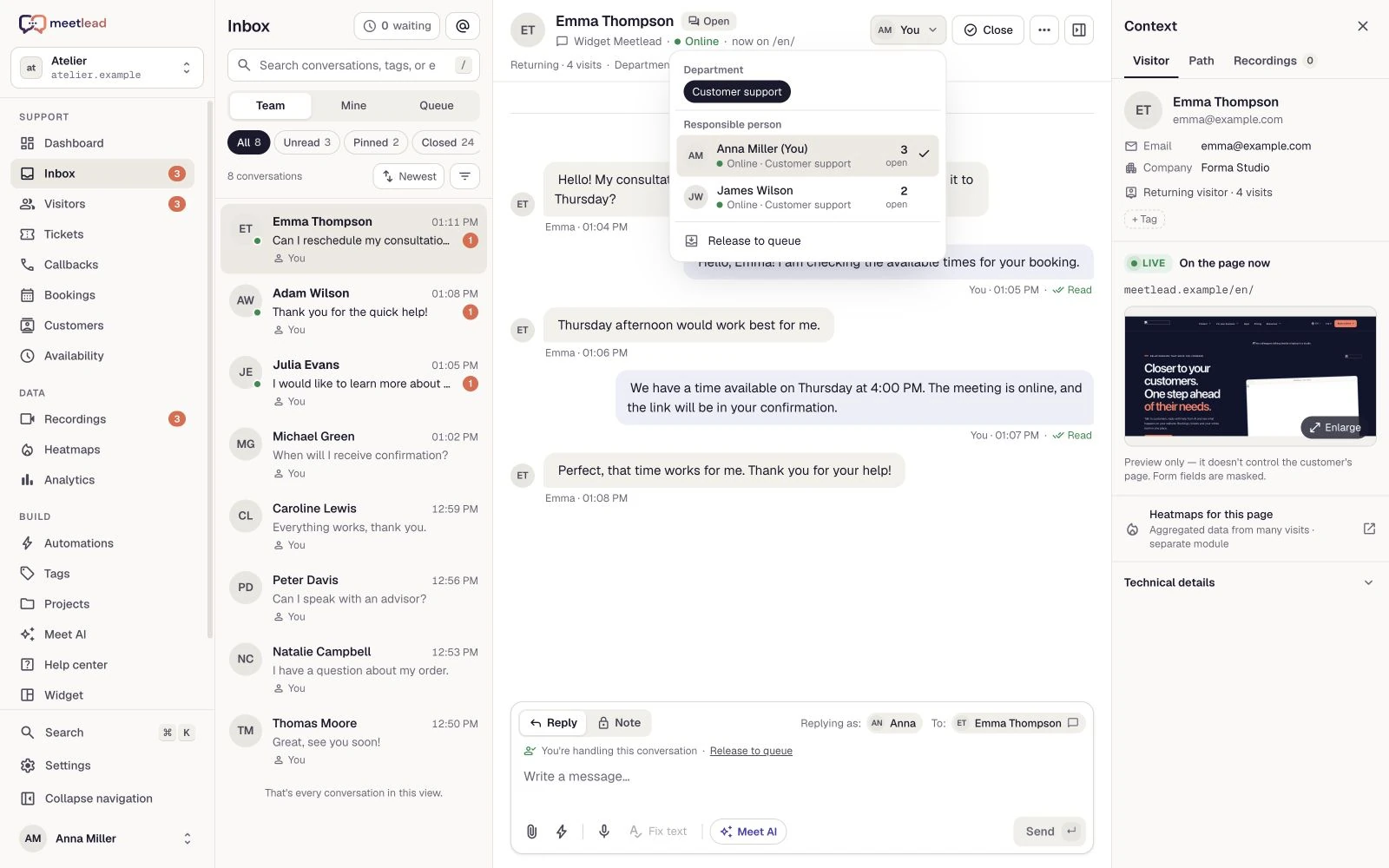 The context panel shows ownership, the live page and the visit path.