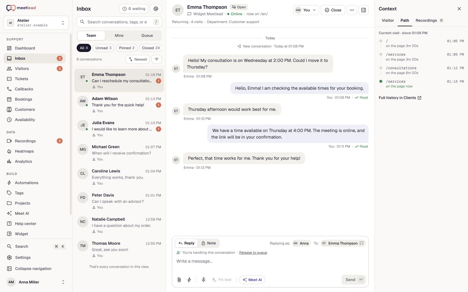 The conversation, assigned person and visited pages provide context for the reply.