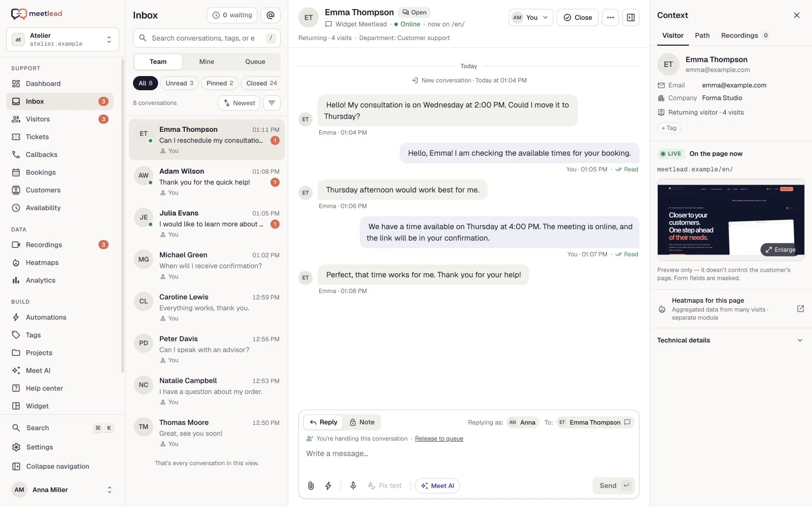 Inbox with conversations, messages and context. Demonstration data.