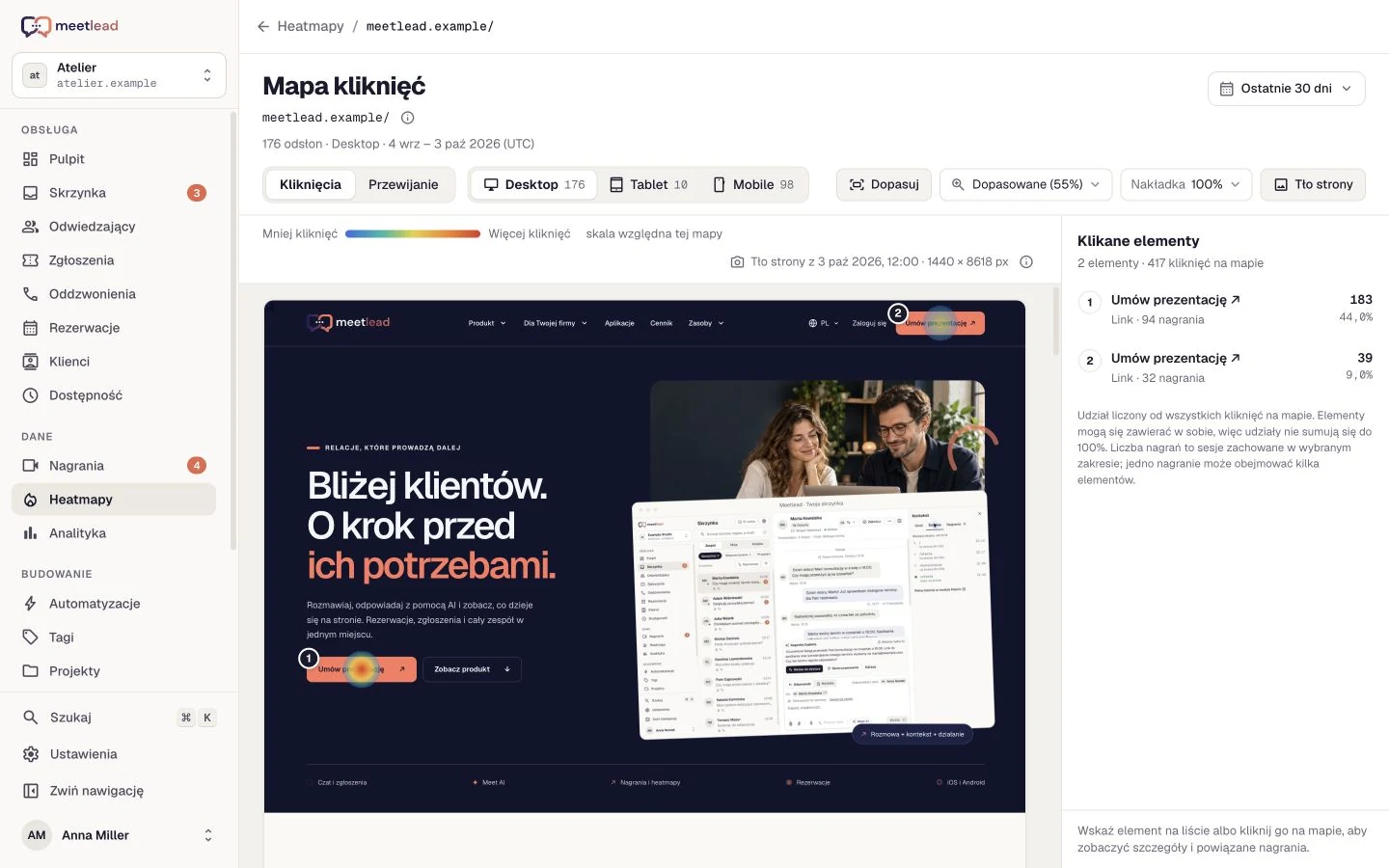 Mapa kliknięć z podziałem urządzeń i rankingiem elementów. Dane demonstracyjne.