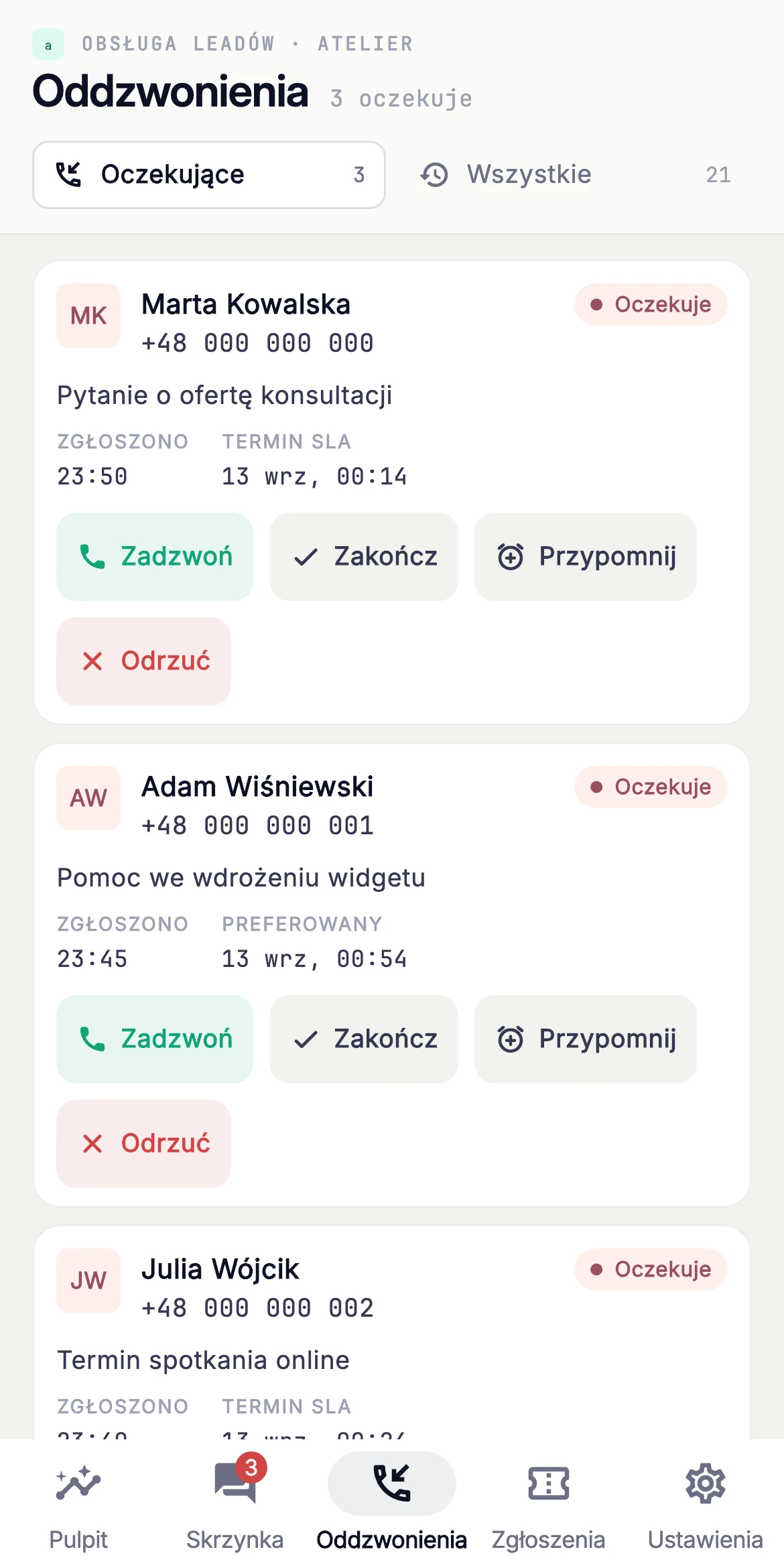 Oddzwonienia pod kontrolą — widok z danymi demonstracyjnymi