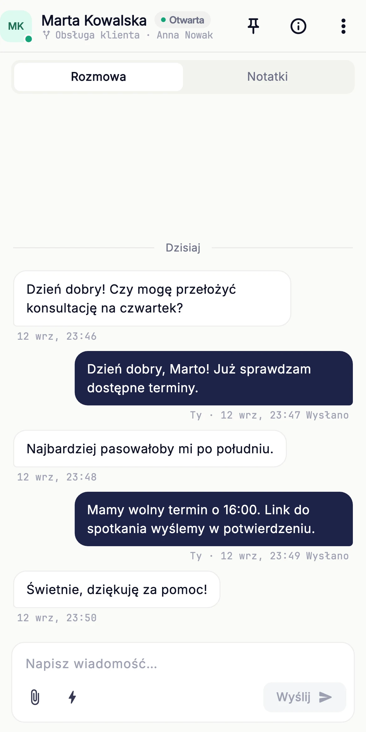 Rozmowa w kontekście — widok z danymi demonstracyjnymi