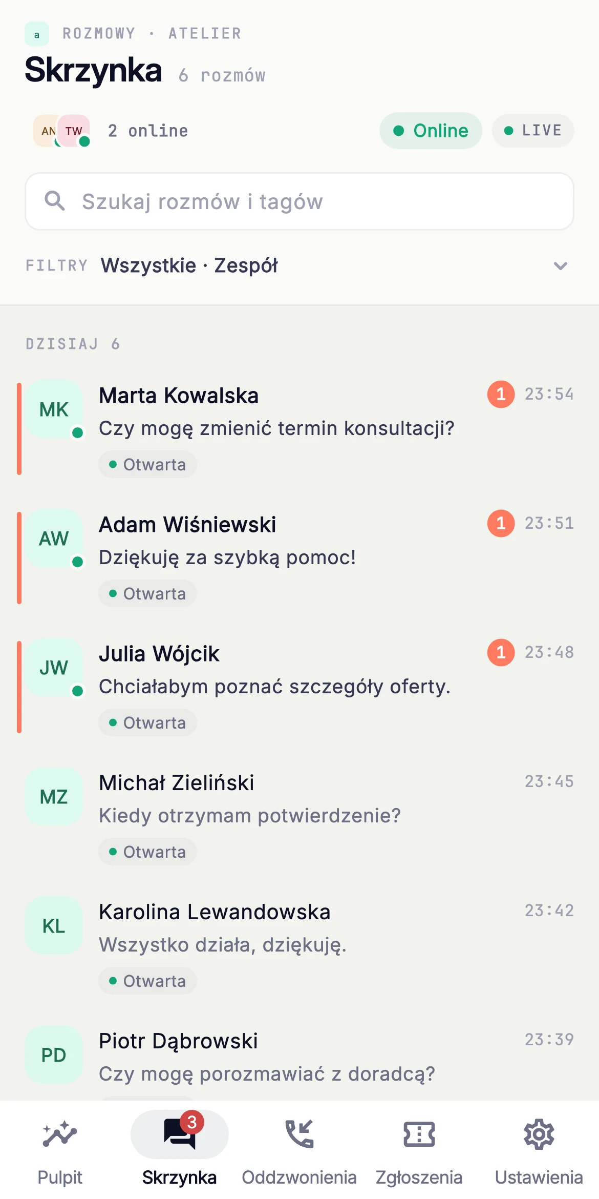 Skrzynka zespołu — widok z danymi demonstracyjnymi