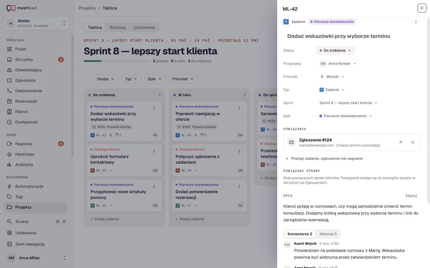 Karta zadania z opisem, przypisaniem i powiązaniem do sprawy klienta.