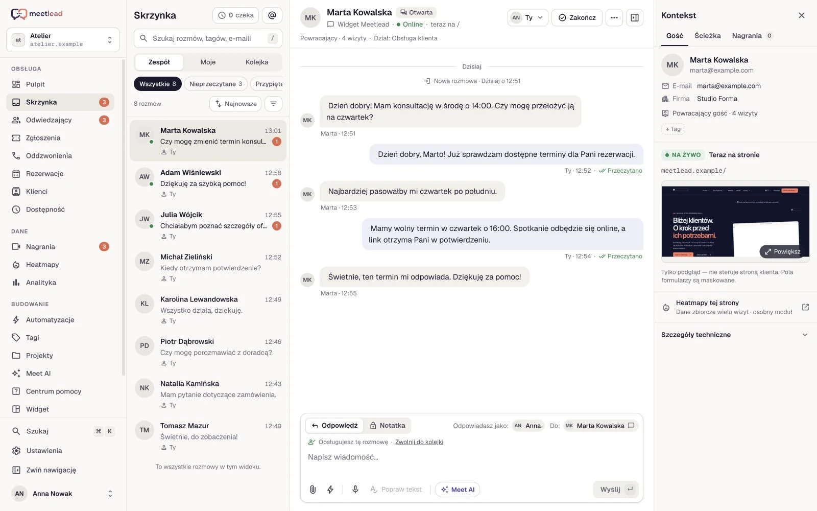 Wspólna skrzynka — widok Meetlead z danymi demonstracyjnymi