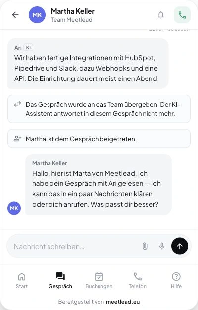 Meetlead-Widget mit Startseite, Gespräch und Terminauswahl