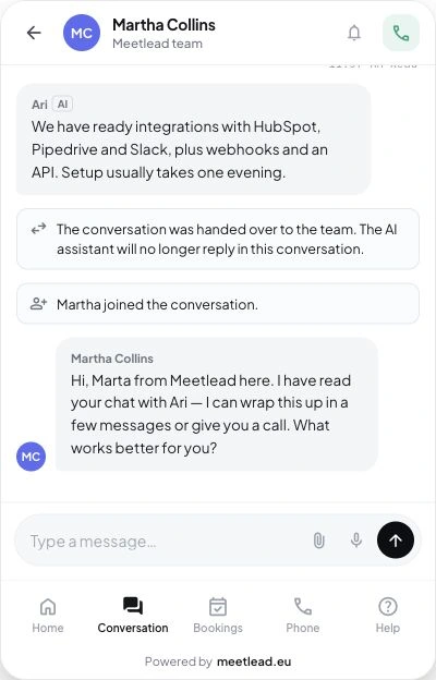 Meetlead widget showing its home screen, conversation and booking flow