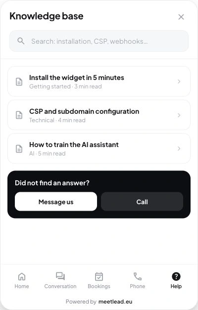 Example help articles and contact options in the widget.