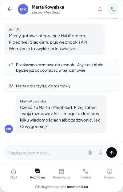Widżet Meetlead z ekranem startowym, rozmową i wyborem terminu